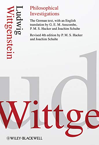 Book cover: "Philosophical Investigations" by Ludwig Wittgenstein, grey and white.