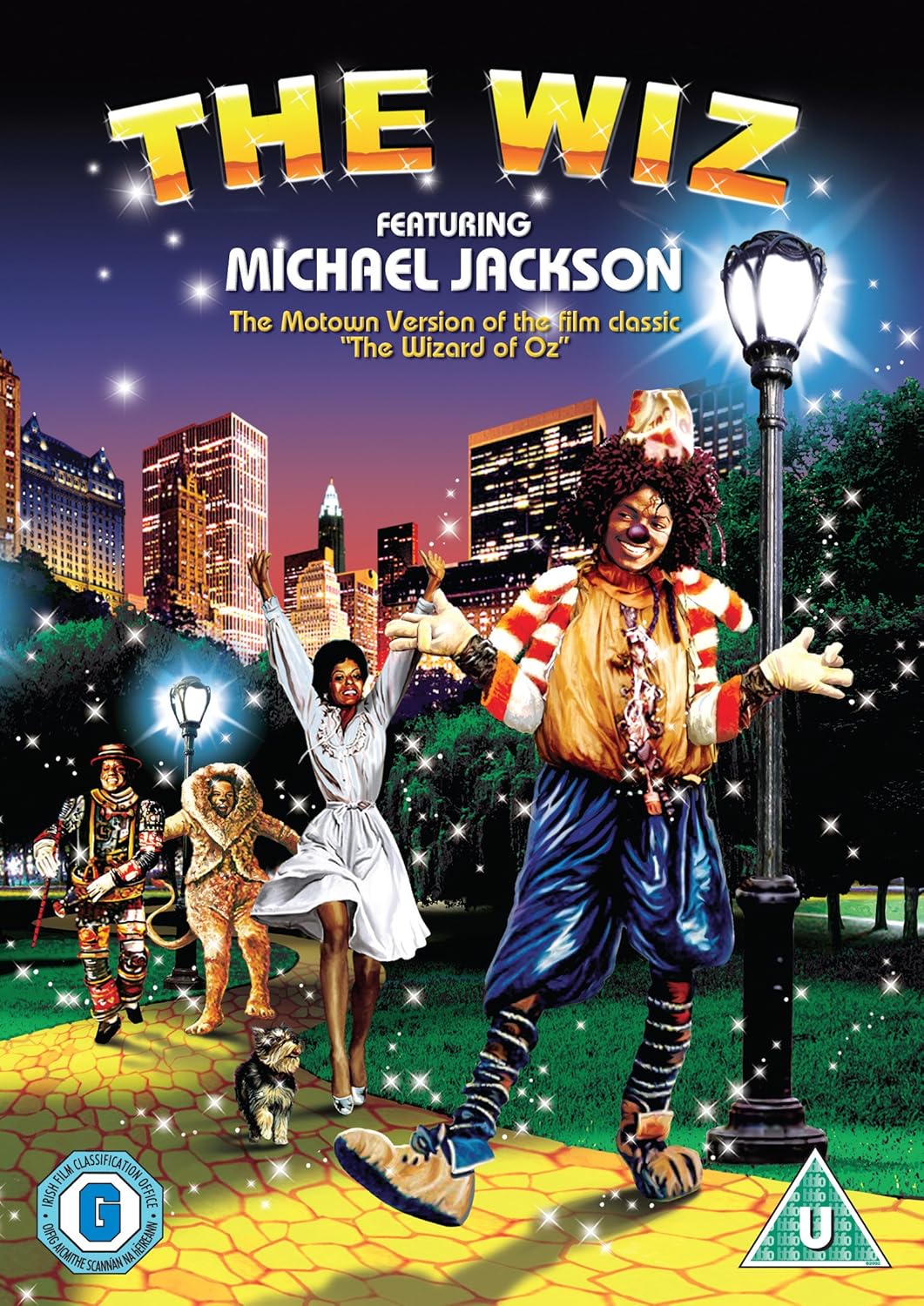 "The Wiz DVD cover featuring Michael Jackson and characters on a yellow brick road."