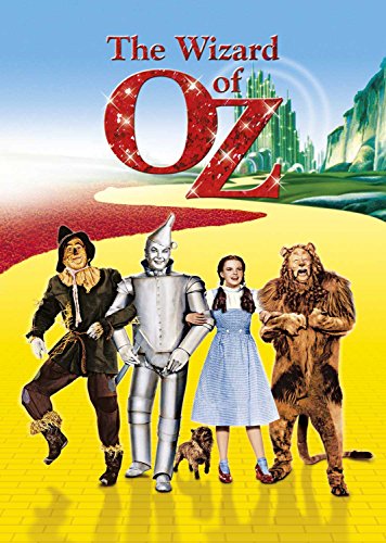 Dorothy, Toto, Scarecrow, Tin Man, and Cowardly Lion on the yellow brick road.