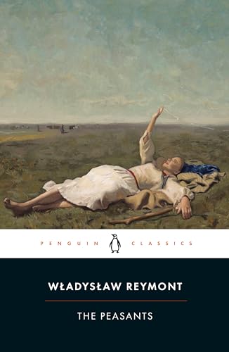 Book cover: reclining woman in a field, "The Peasants" by Władysław Reymont.