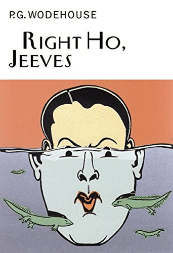 "Book cover of 'Right Ho, Jeeves' by P.G. Wodehouse, featuring a cartoon man surrounded by alligators."