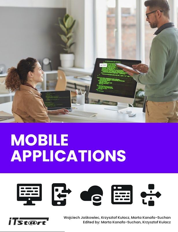 Book cover with two people coding at laptops, titled "Mobile Applications".