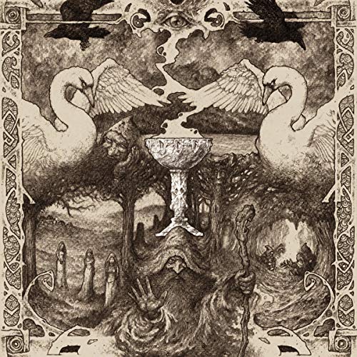 Black and white illustration of swans, a chalice, and figures in a forest.