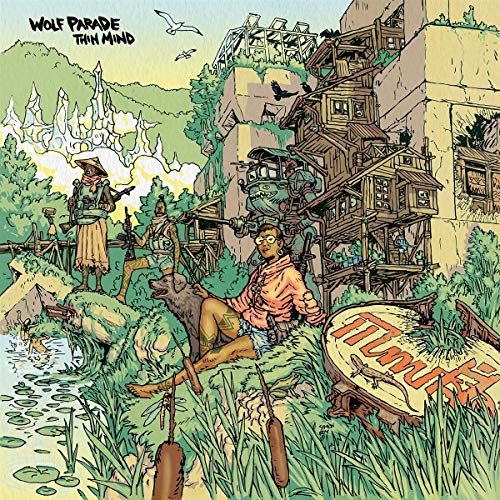 Wolf Parade album cover: illustrated cityscape with figures and a dog.