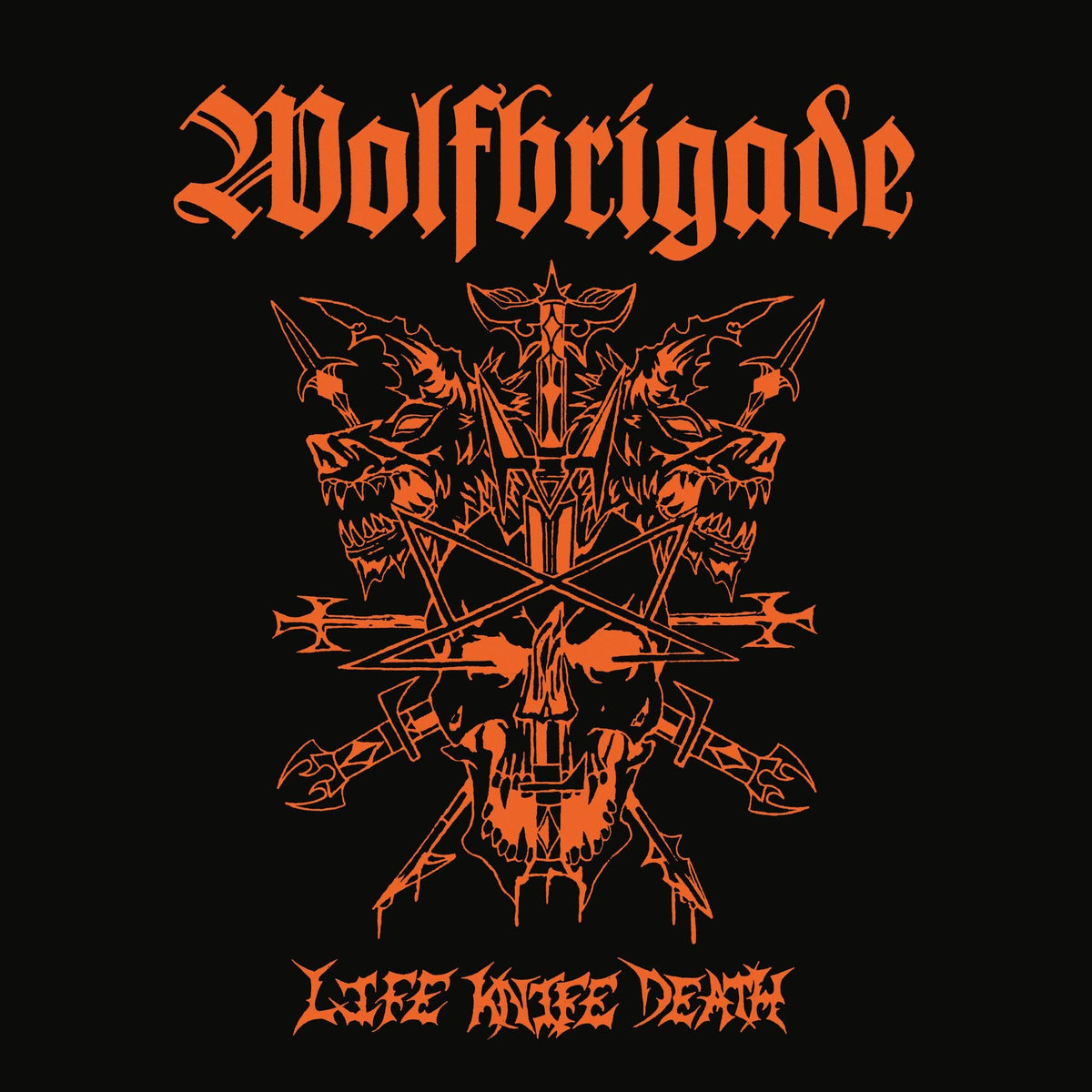 Orange Wolfbrigade CD cover with skulls, knives, and band logo on black.