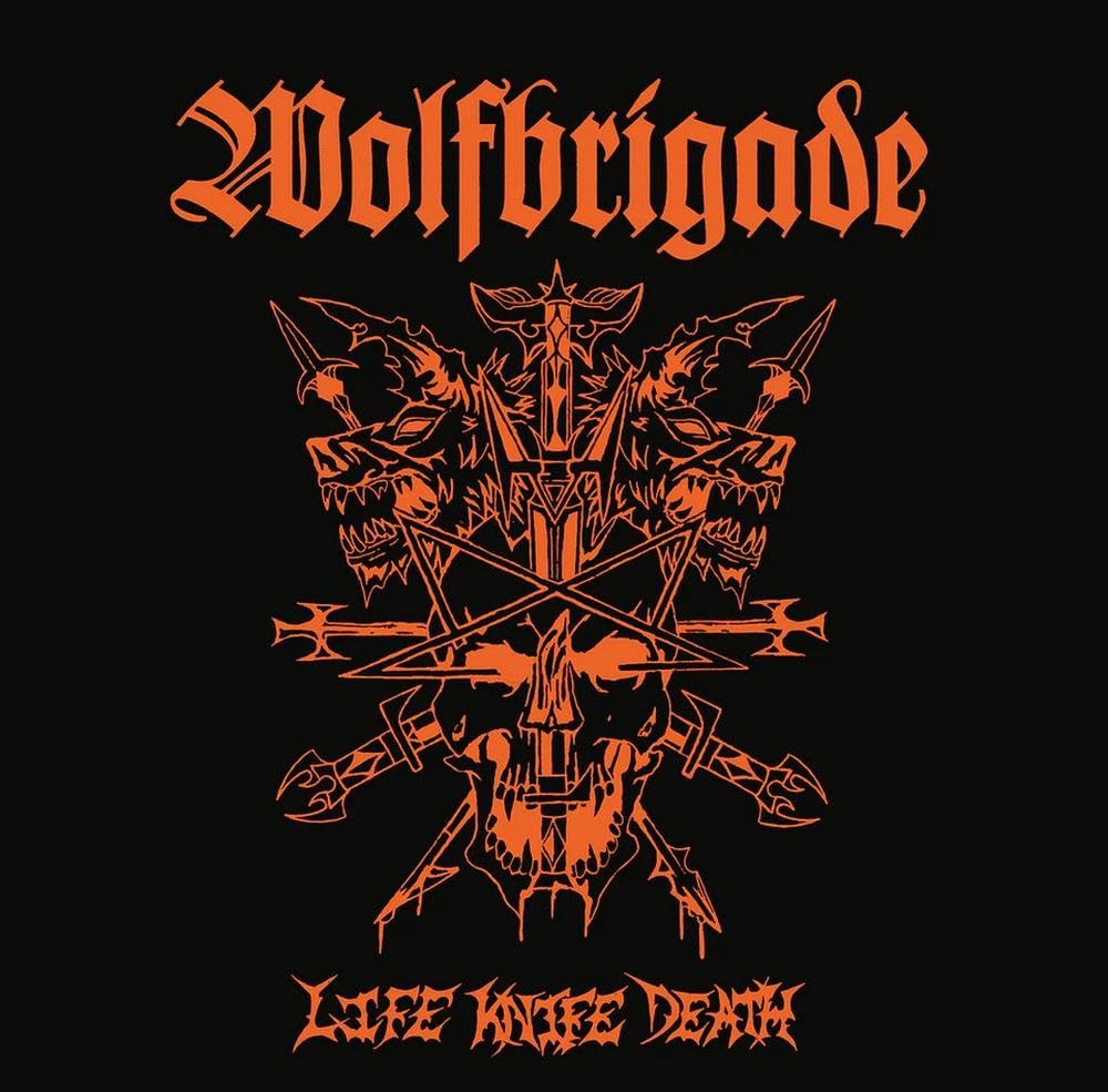 Orange Wolfbrigade album cover with wolves, skulls, and crossed knives.