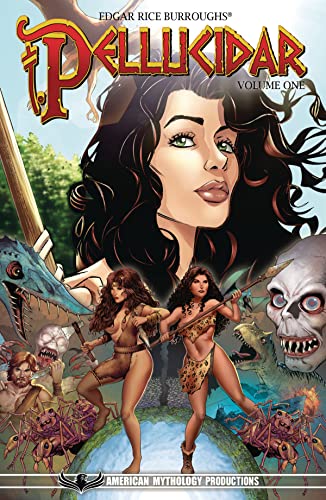 Pellucidar book cover with a woman’s face, monsters, and jungle scene.