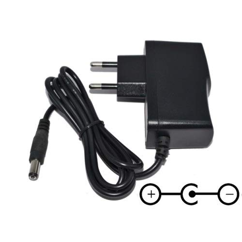 Black power adapter with European plug and cable, plus/minus symbol.