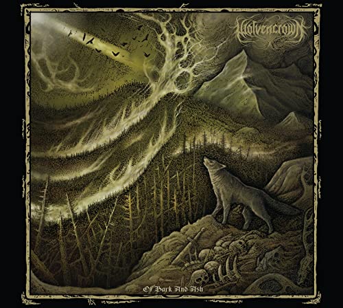 CD cover: wolf, skeletal remains, trees, and mountains in a dark landscape.