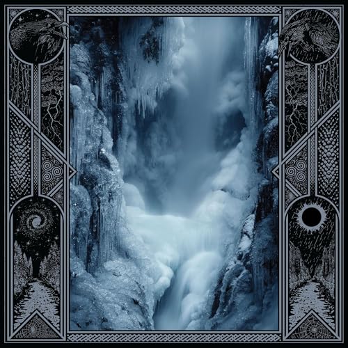 Icy waterfall framed by ornate, dark borders with raven and sun symbols.