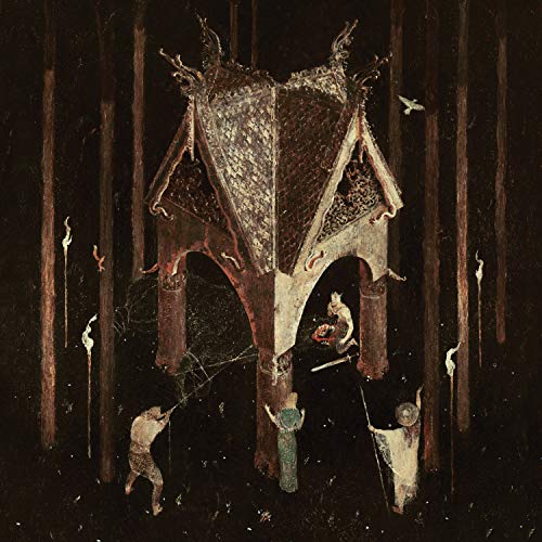 Dark, textured painting of a gothic structure with figures and flames.