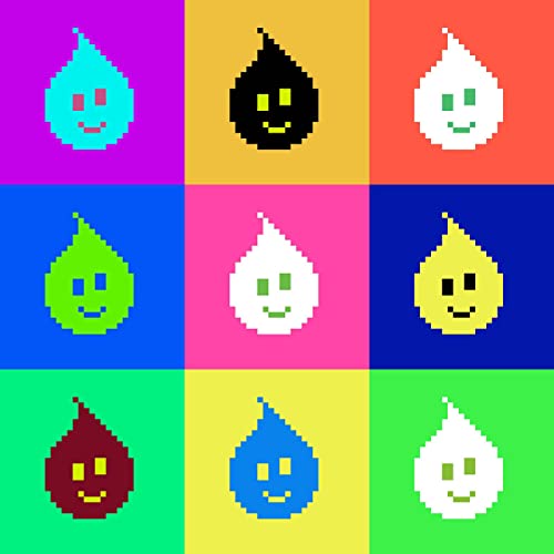 Pixelated colorful teardrops with smiling faces arranged in a 3x3 grid.