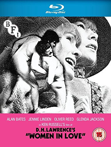 Blu-ray cover for "Women in Love" featuring three figures in embrace.