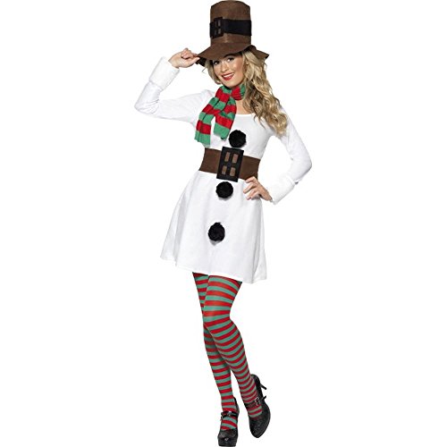 Woman in a white snowman-themed dress with striped tights and hat.