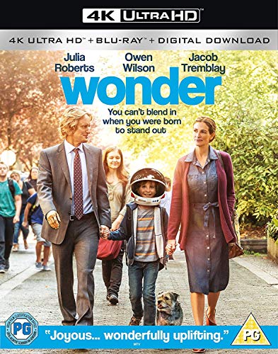 Movie poster for Wonder featuring Julia Roberts, Owen Wilson, and Jacob Tremblay walking outside.
