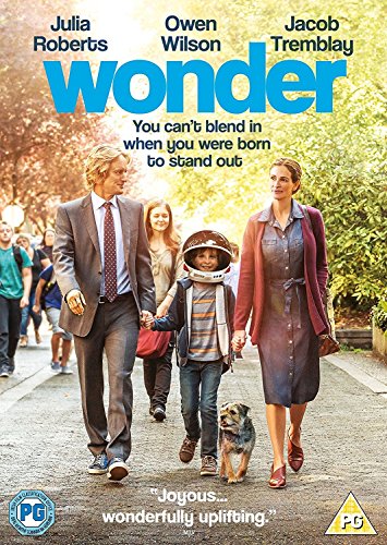 “Wonder” DVD cover featuring a family walking with a dog and child in a helmet.