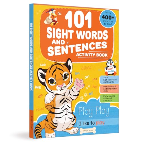 Book cover with a tiger, penguin, and text: "101 Sight Words and Sentences.