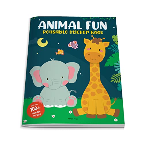 Animal Fun reusable sticker book cover featuring a cartoon elephant and giraffe.