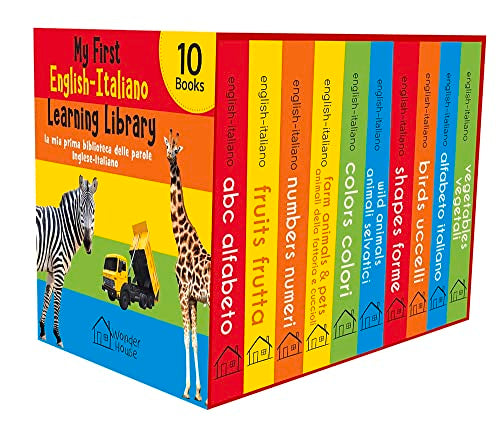 A set of ten colorful English-Italian learning books featuring animal and object illustrations.