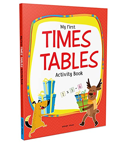 My First Times Tables activity book cover with a dog, reindeer, and gift boxes.