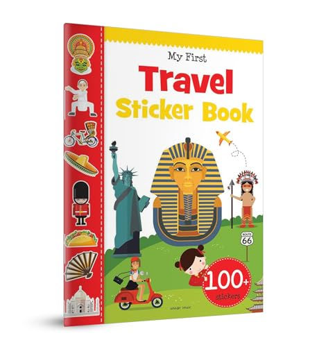 Children’s sticker book cover with global landmarks and colorful illustrations.