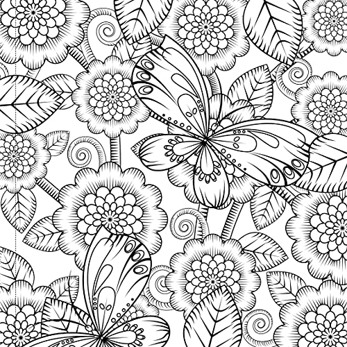 Intricate black and white floral and butterfly coloring page design.