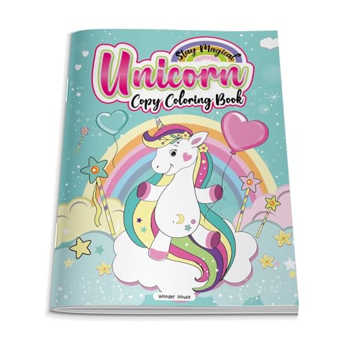 Cover of a coloring book featuring a unicorn on a cloud with a rainbow.