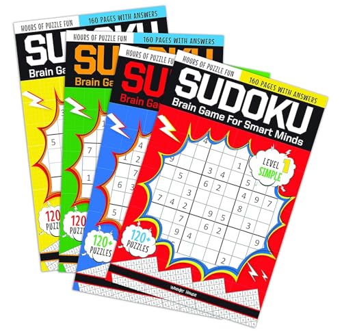 A boxset of four Sudoku puzzle books with colorful covers and grid designs.