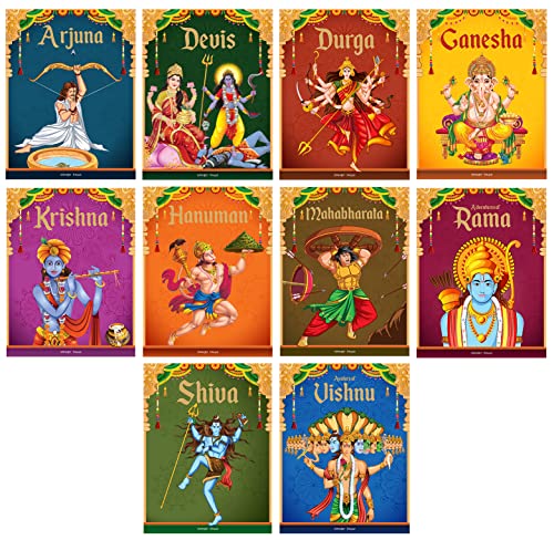 Ten colorful book covers with Hindu mythological figures and names in gold text.