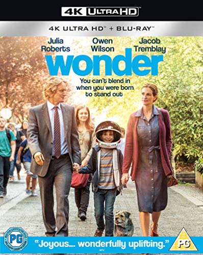 Wonder" Blu-ray cover featuring Julia Roberts, Owen Wilson, and Jacob Tremblay.