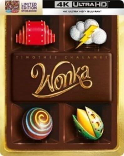 Wonka 4K Ultra HD steelbook cover featuring a chocolate bar design with candy icons.