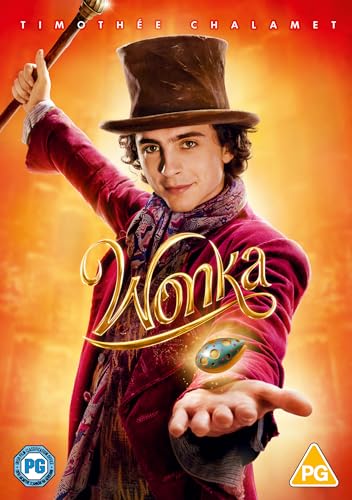 Timothée Chalamet as Willy Wonka, holding a glowing orb, DVD cover.