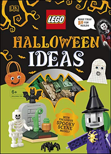 LEGO Halloween book cover with spooky builds: ghost, witch, skeleton.