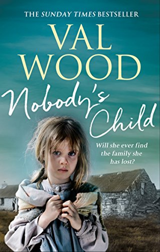Book cover: young girl with long hair, rural landscape, title "Nobody's Child".