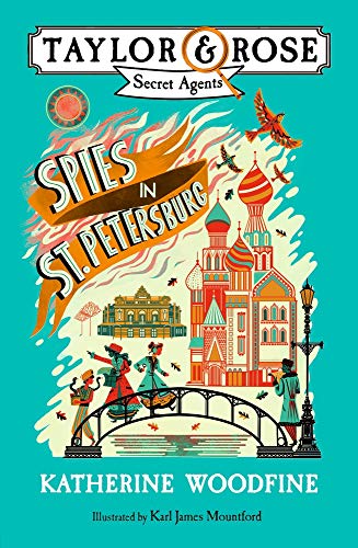 Book cover: "Spies in St. Petersburg" with illustrated cityscape and figures.