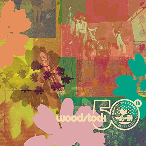 Woodstock 50th Anniversary CD cover with collage of musicians and floral designs.