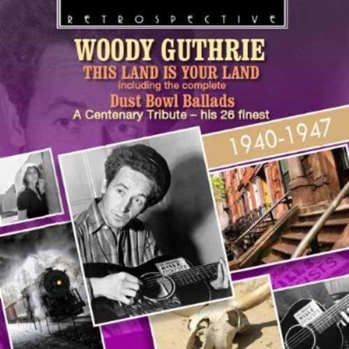 "Purple CD cover with collage of black and white photos and text about Woody Guthrie."