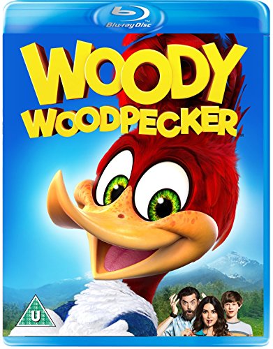 Woody Woodpecker Blu-ray cover featuring the character above three people in a landscape.