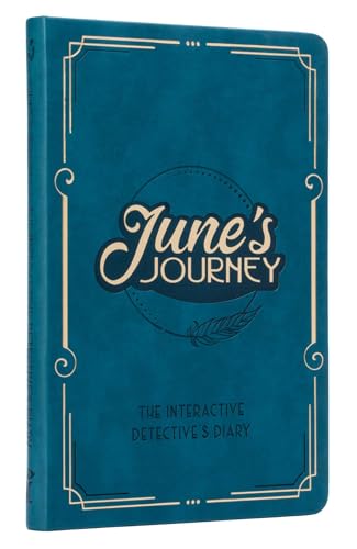 Teal diary with gold lettering reading "June's Journey" and detective theme.