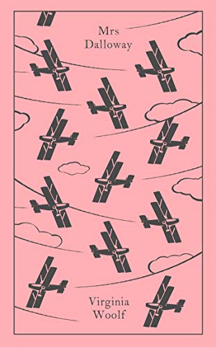 Pink book cover with repeating blue airplane pattern, titled “Mrs Dalloway.”