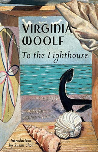 Book cover: "To the Lighthouse" by Virginia Woolf, with beach imagery.