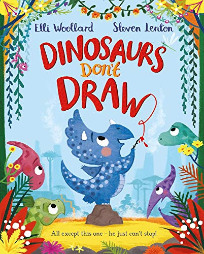 Book cover: "Dinosaurs Don't Draw" featuring a blue dinosaur with a pencil.