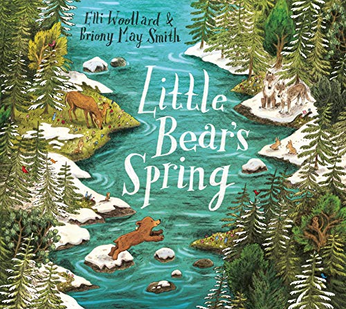 Book cover: a bear cub by a stream in a snowy forest.