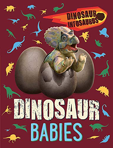 Baby triceratops emerging from an egg, surrounded by cartoon dinosaurs.