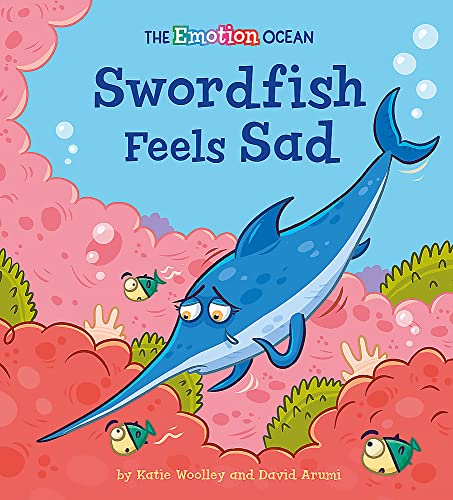 Blue swordfish with a sad expression swims among pink coral and small fish.