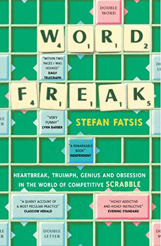 Book cover for "Word Freak" with Scrabble tiles on a green game board.