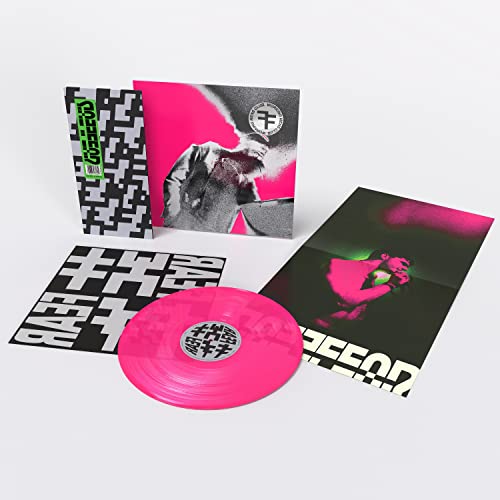 PinkLuminous pink vinyl record with matching album cover and inserts on white background.