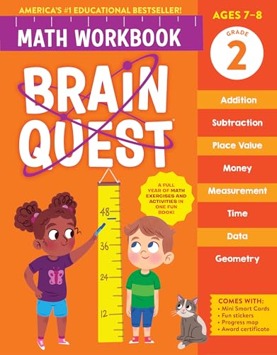 Orange "Brain Quest Math Workbook" cover for 2nd grade, with children measuring height.