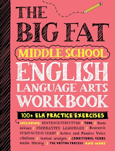 Colorful workbook cover with large title text: "The Big Fat Middle School English Language Arts Workbook".