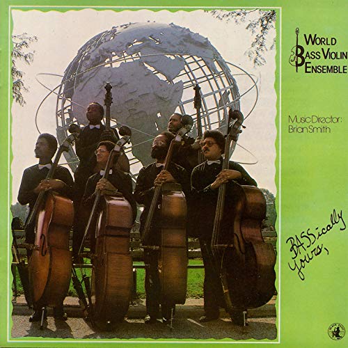 Bass violin ensemble posing with instruments before a large globe.